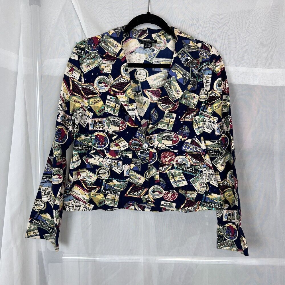 Vintage soho postcard/ stamp print novelty jacket sewuin 100% cotton M travel